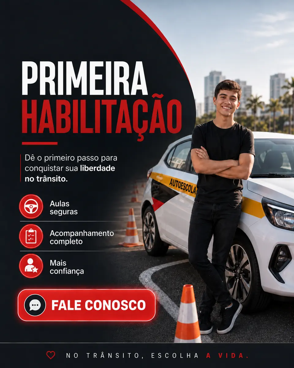 Criativo de primeira habilitação em vermelho e preto, sem a marca da autoescola