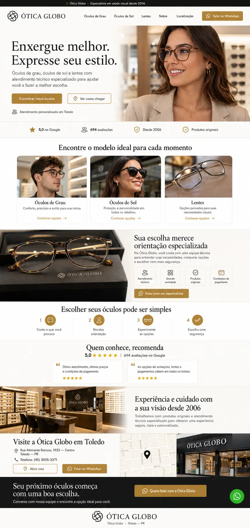 Proposta visual de landing page da Ótica Globo, com produtos, serviços e contato